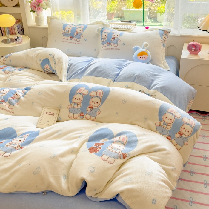 丝羽坊 2025新款200克加厚小清新牛奶绒床单款 床笠款四件套 被套 安妮兔