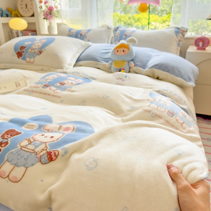 91家纺网 家纺一手货源 找家纺 丝羽坊 2025新款200克加厚小清新牛奶绒床单款 床笠款四件套 被套 安妮兔