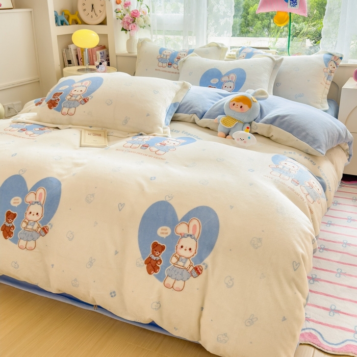 91家纺网 家纺一手货源 找家纺 丝羽坊 2025新款200克加厚小清新牛奶绒床单款 床笠款四件套 被套 安妮兔