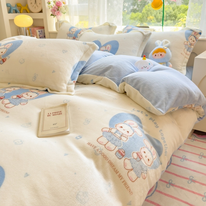 91家纺网 家纺一手货源 找家纺 丝羽坊 2025新款200克加厚小清新牛奶绒床单款 床笠款四件套 被套 安妮兔