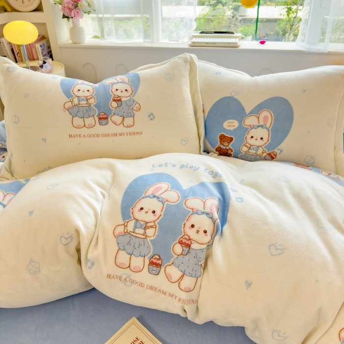 91家纺网 家纺一手货源 找家纺 丝羽坊 2025新款200克加厚小清新牛奶绒床单款 床笠款四件套 被套 安妮兔