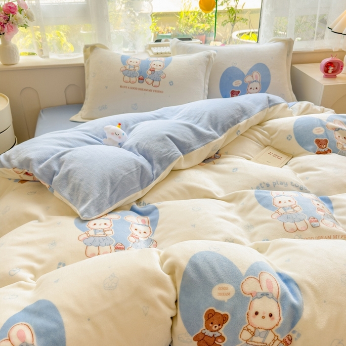 91家纺网 家纺一手货源 找家纺 丝羽坊 2025新款200克加厚小清新牛奶绒床单款 床笠款四件套 被套 安妮兔