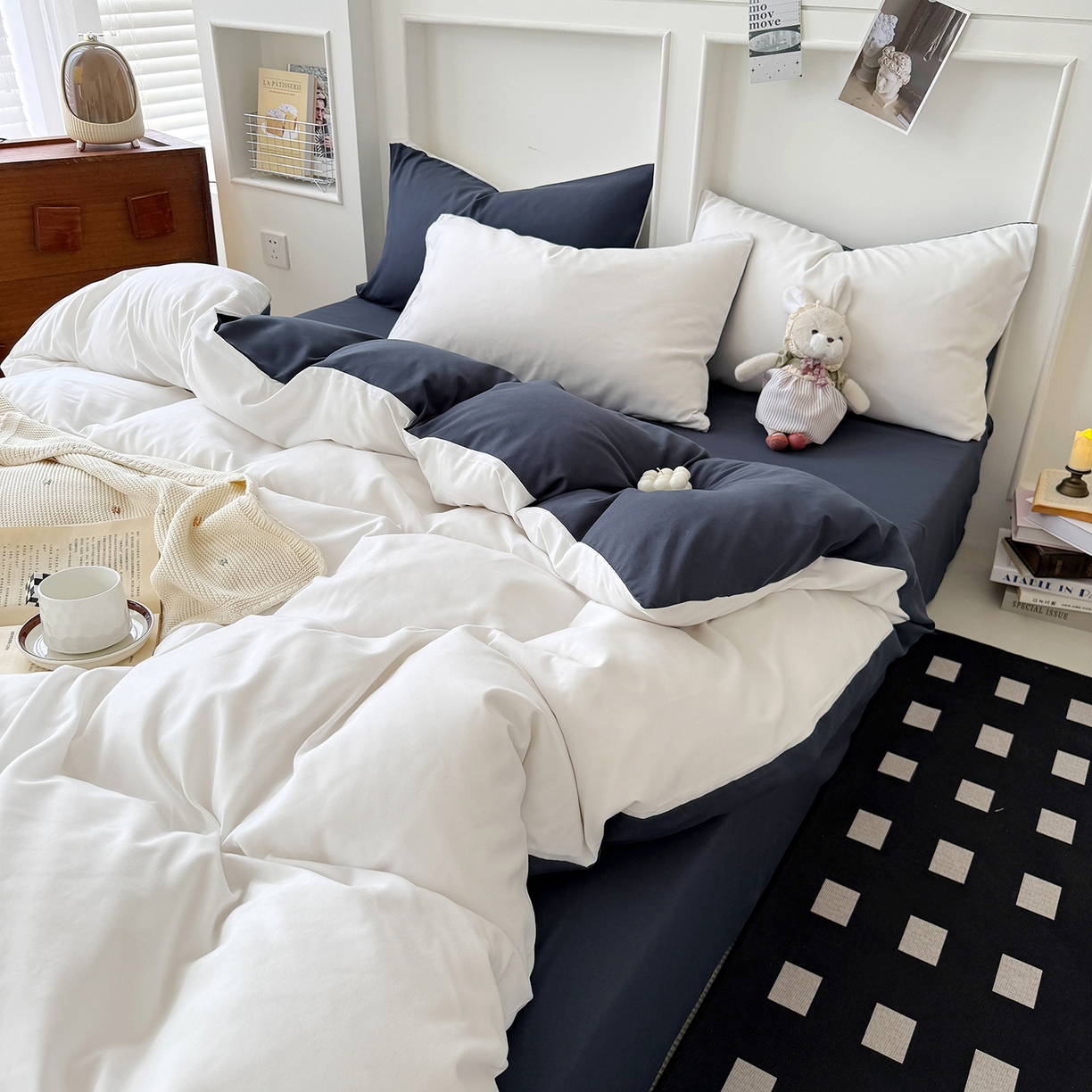 91家纺网 家纺一手货源 找家纺 纽维斯 2025新款水洗棉云朵棉纯色双拼磨毛四件套 奶白蓝灰