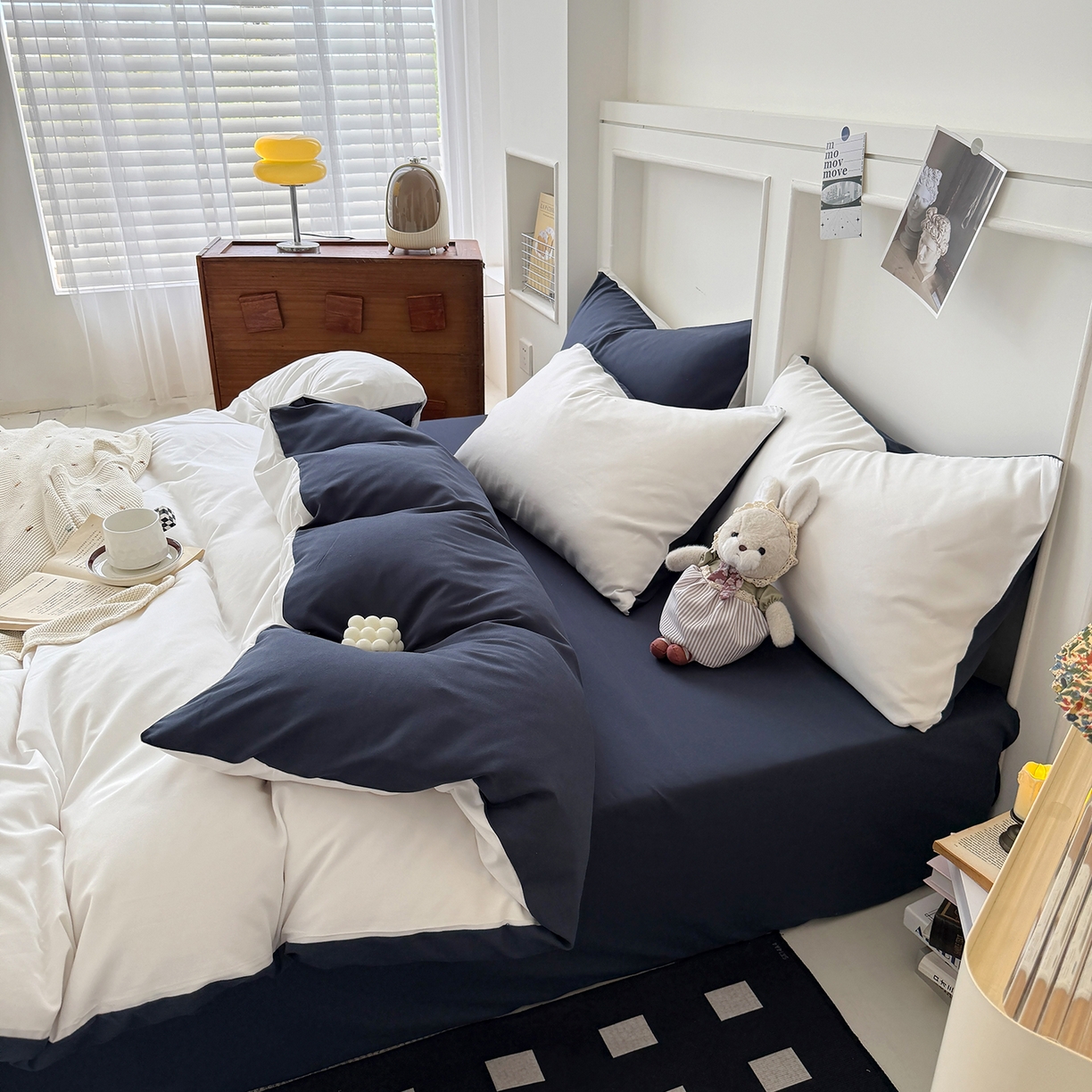 91家纺网 家纺一手货源 找家纺 纽维斯 2025新款水洗棉云朵棉纯色双拼磨毛四件套 奶白蓝灰