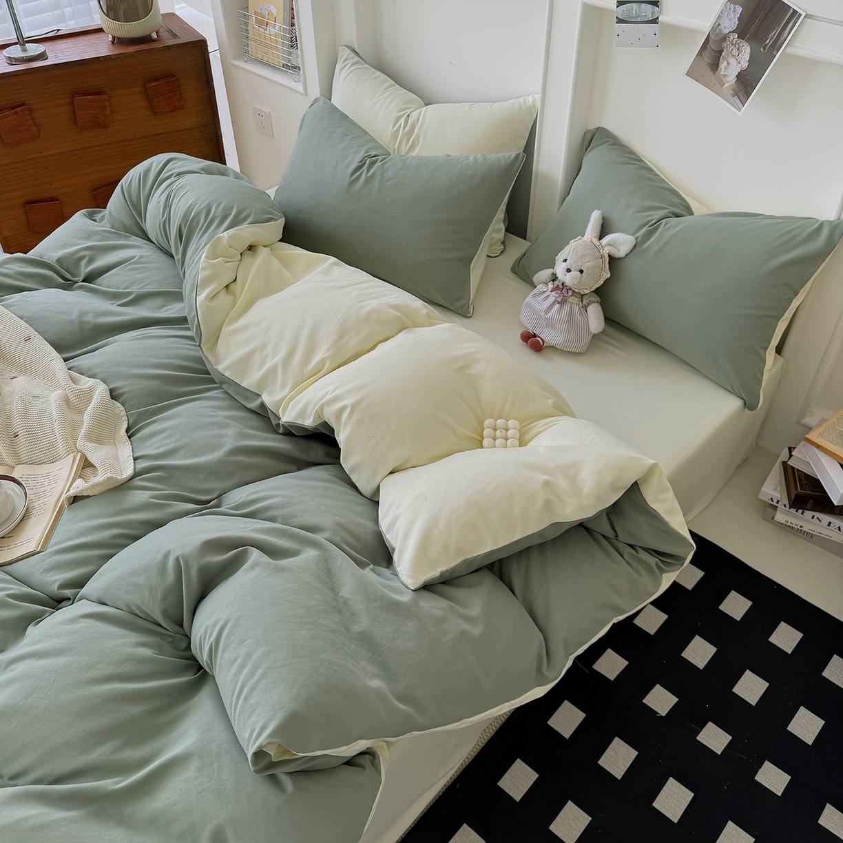 91家纺网 家纺一手货源 找家纺 纽维斯 2025新款水洗棉云朵棉纯色双拼磨毛四件套 抹茶芝士