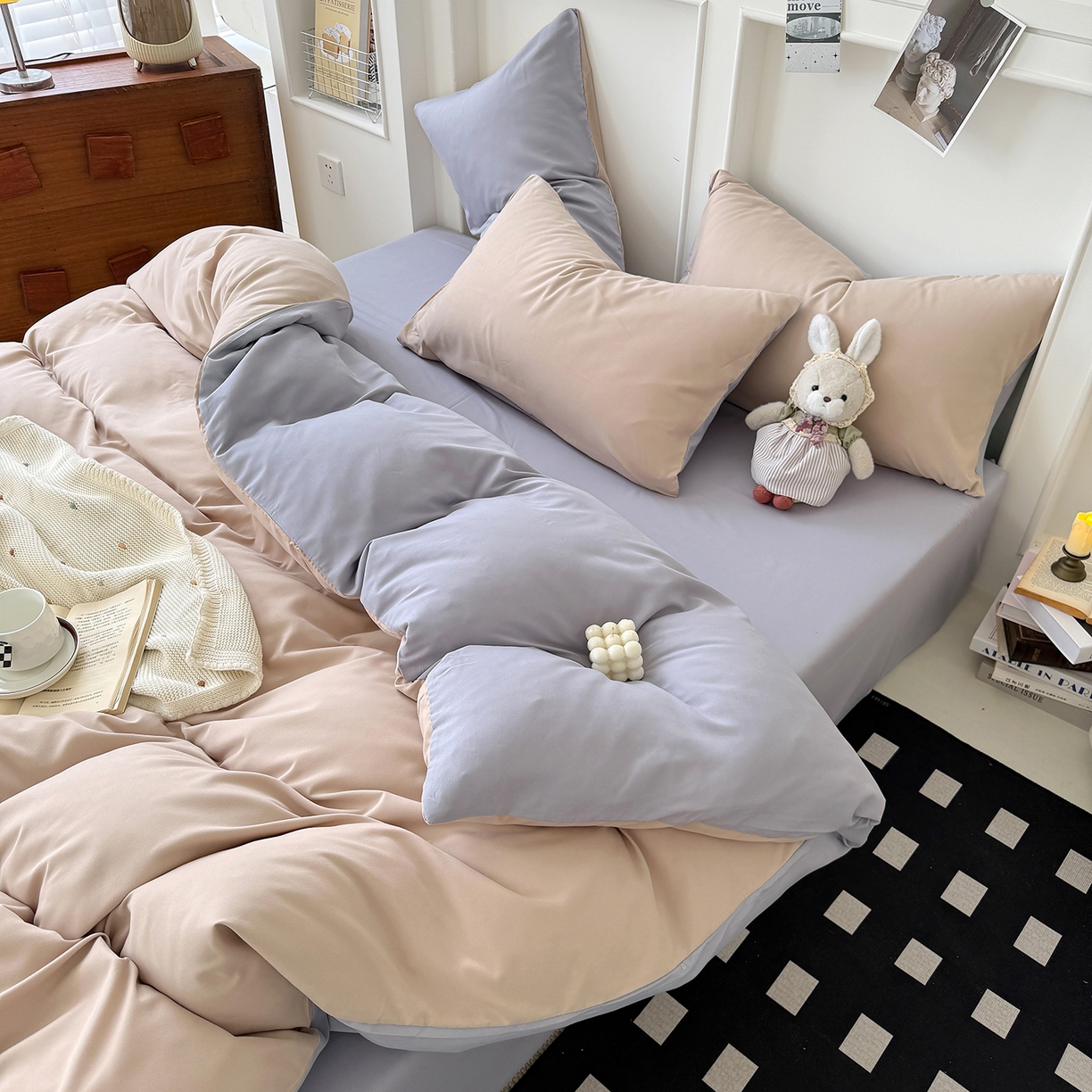 91家纺网 家纺一手货源 找家纺 纽维斯 2025新款水洗棉云朵棉纯色双拼磨毛四件套 奶茶山灰