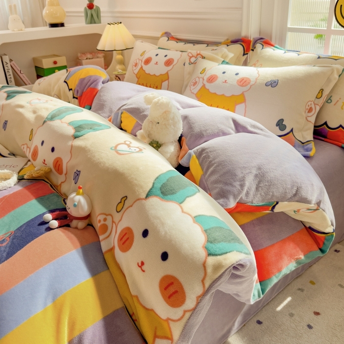 91家纺网 家纺一手货源 找家纺 丝羽坊 2025新款200克加厚小清新牛奶绒床单款 床笠款四件套 被套 彩虹兔