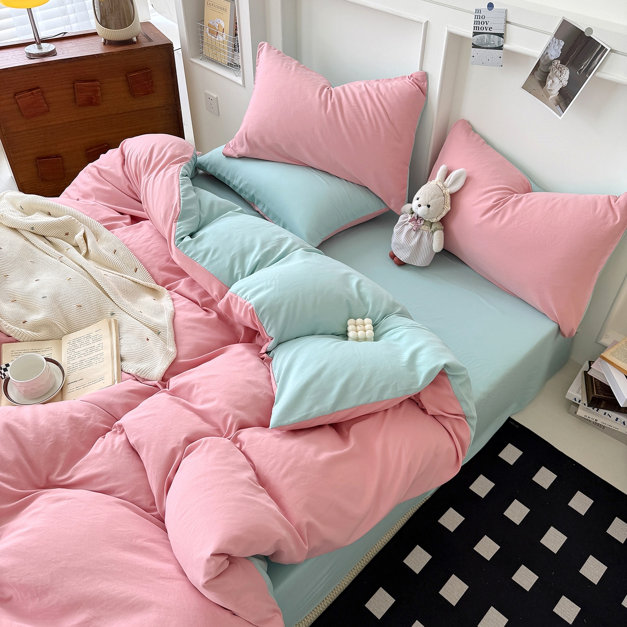 91家纺网 家纺一手货源 找家纺 纽维斯 2025新款水洗棉云朵棉纯色双拼磨毛四件套 浅豆沙水绿