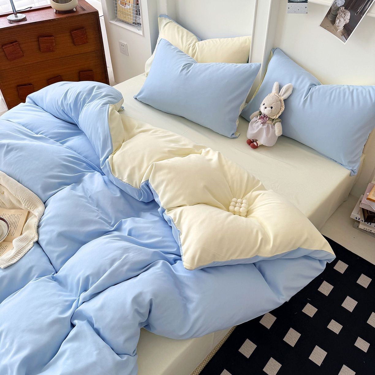 91家纺网 家纺一手货源 找家纺 纽维斯 2025新款水洗棉云朵棉纯色双拼磨毛四件套 浅蓝芝士