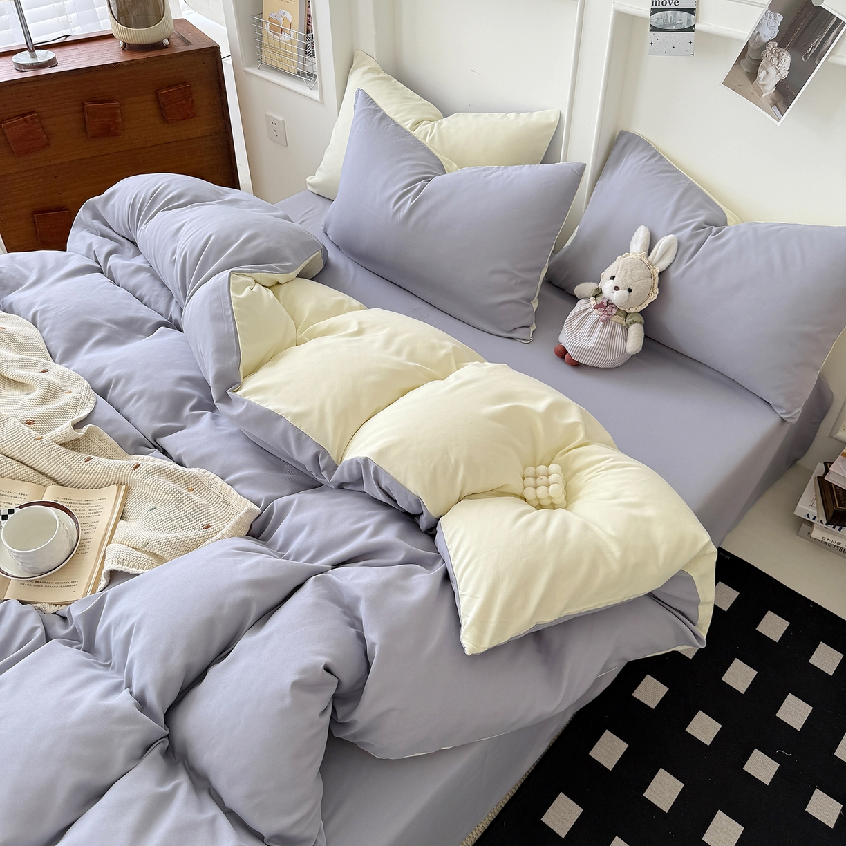 91家纺网 家纺一手货源 找家纺 纽维斯 2025新款水洗棉云朵棉纯色双拼磨毛四件套 山灰芝士