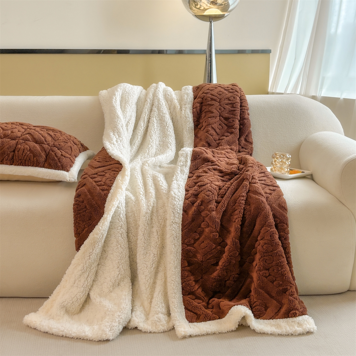 91家纺网 家纺一手货源 找家纺 雯豆家纺 2025秋冬新款塔芙绒毛毯被套两用毯子办公室居家披肩毯盖毯毯子-英伦 英伦-焦糖