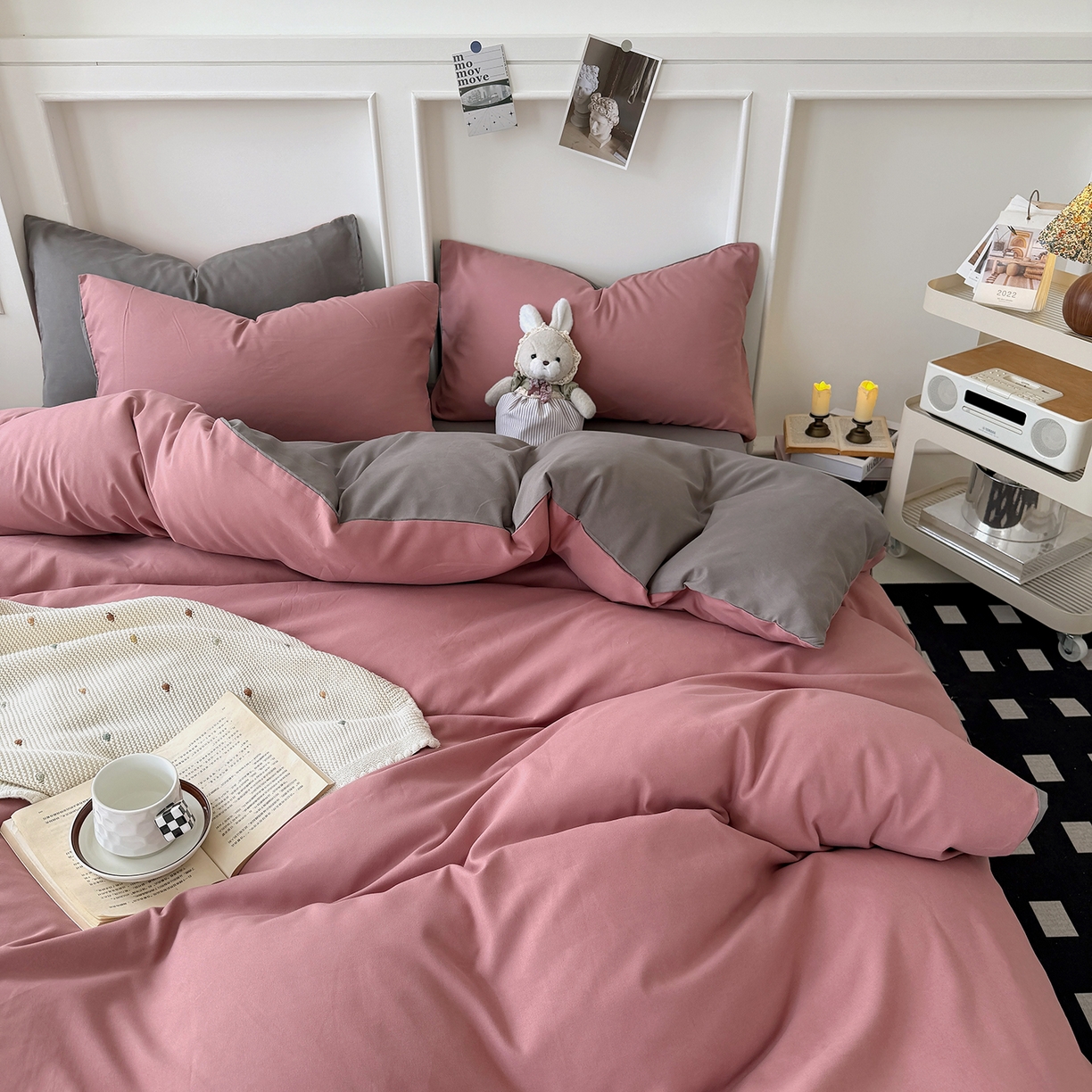 纽维斯 2025新款水洗棉云朵棉纯色双拼磨毛四件套 豆沙浅灰