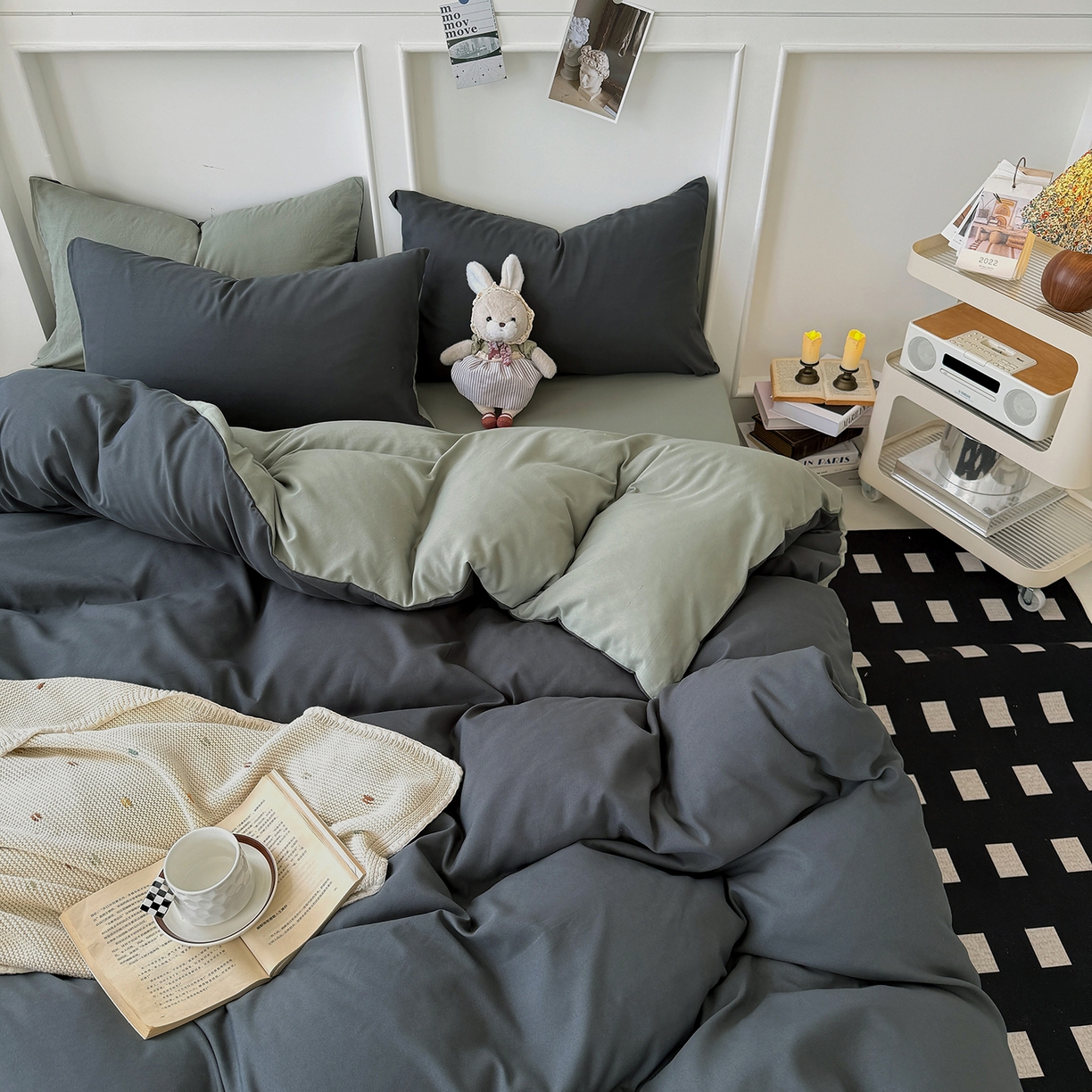 纽维斯 2025新款水洗棉云朵棉纯色双拼磨毛四件套 深灰扶茶