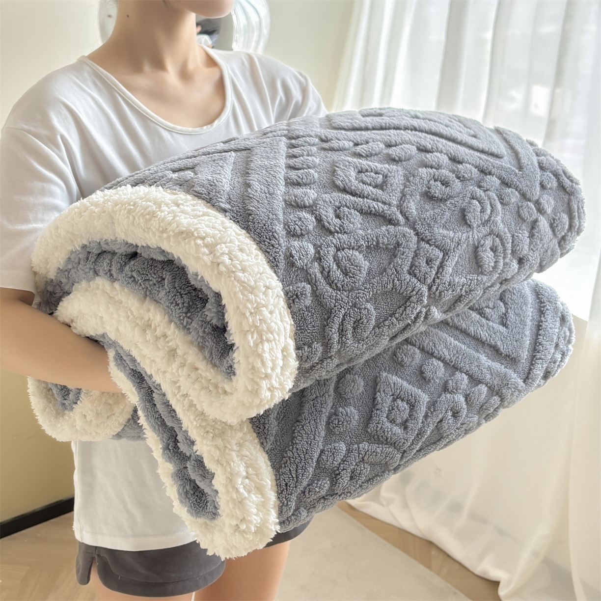 雯豆家纺 2025秋冬新款塔芙绒毛毯被套两用毯子办公室居家披肩毯盖毯毯子-英伦 英伦-蓝灰
