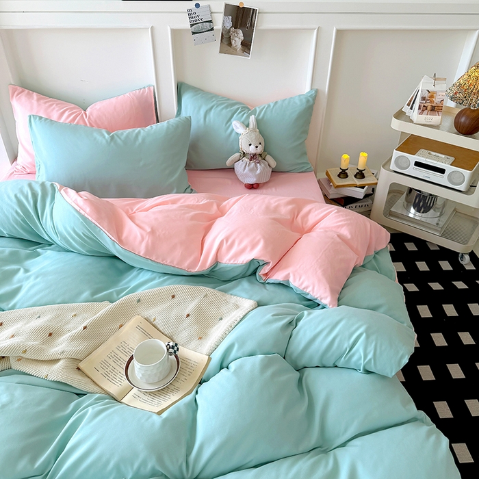 纽维斯 2025新款水洗棉云朵棉纯色双拼磨毛四件套 水绿玉色