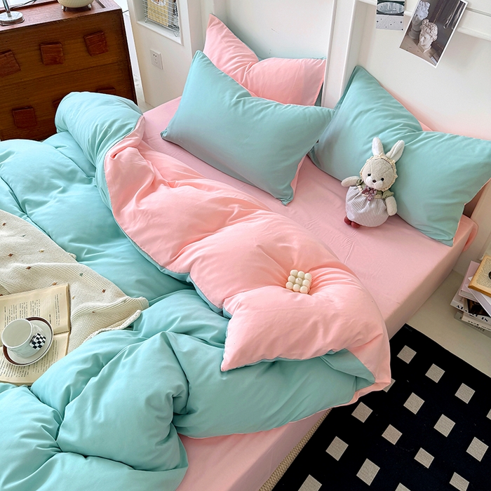 91家纺网 家纺一手货源 找家纺 纽维斯 2025新款水洗棉云朵棉纯色双拼磨毛四件套 水绿玉色