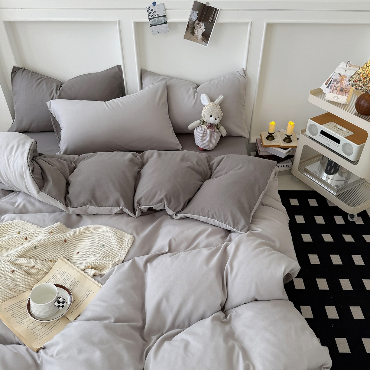 纽维斯 2025新款水洗棉云朵棉纯色双拼磨毛四件套 雾灰浅灰