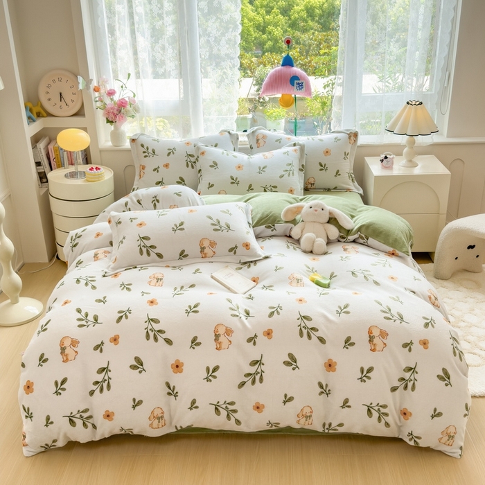 91家纺网 家纺一手货源 找家纺 丝羽坊 2025新款200克加厚小清新牛奶绒床单款 床笠款四件套 被套 丛林小兔