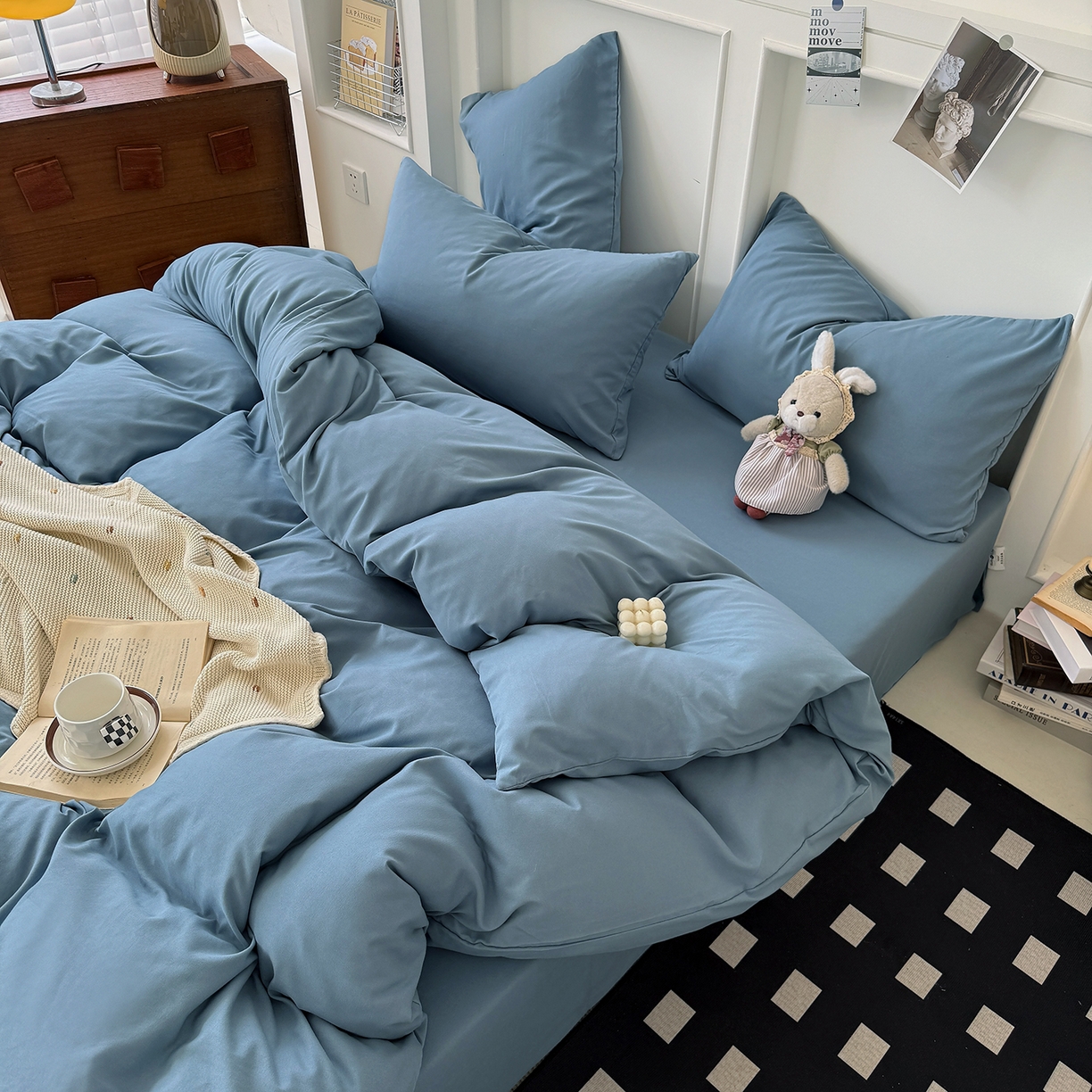 91家纺网 家纺一手货源 找家纺 纽维斯 2025新款水洗棉云朵棉纯色双拼磨毛四件套 雾蓝