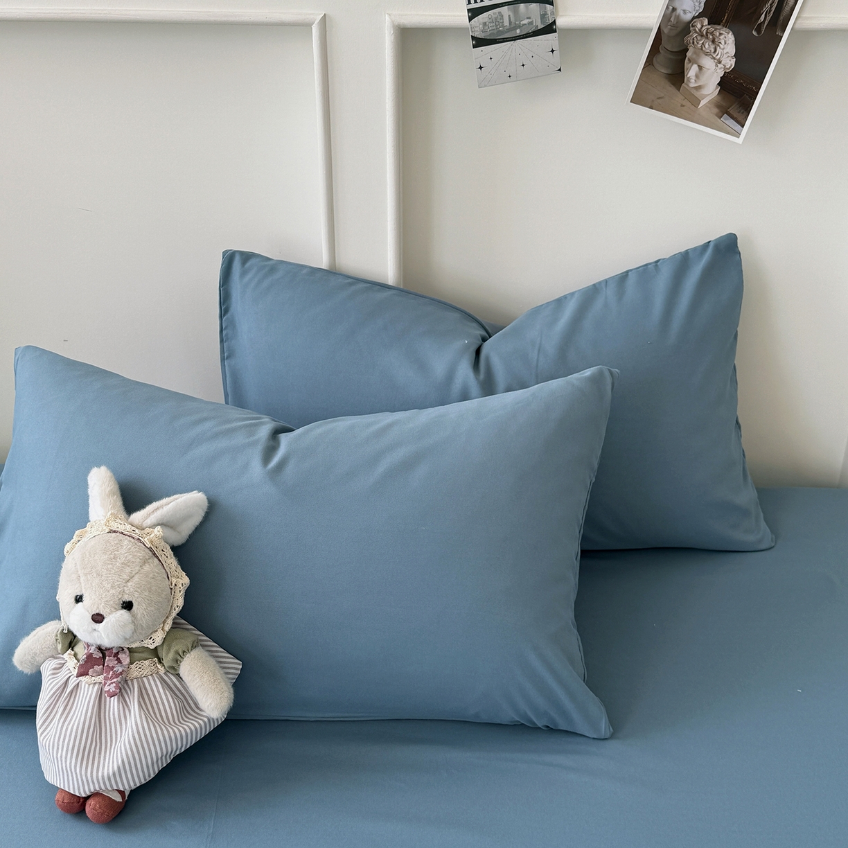 91家纺网 家纺一手货源 找家纺 纽维斯 2025新款水洗棉云朵棉纯色双拼磨毛四件套 雾蓝