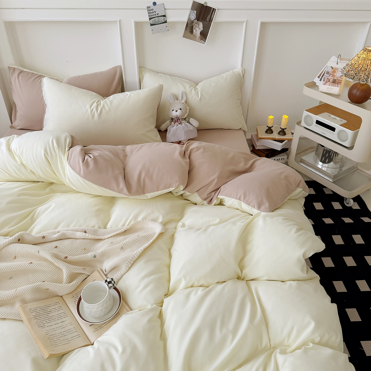 纽维斯 2025新款水洗棉云朵棉纯色双拼磨毛四件套 芝士奶茶