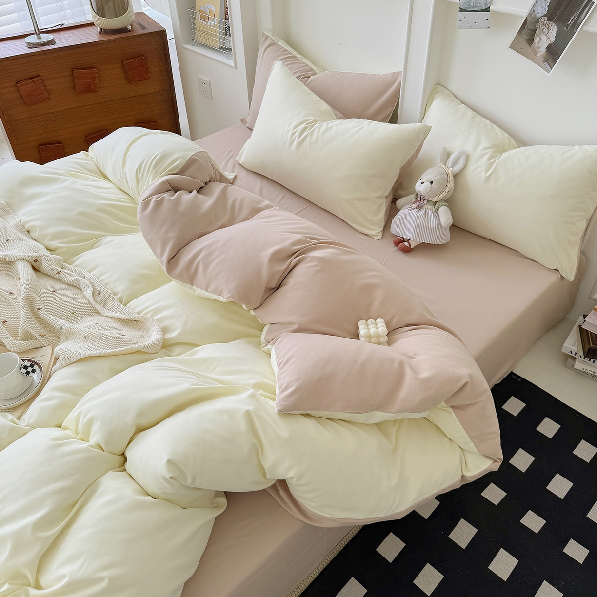 91家纺网 家纺一手货源 找家纺 纽维斯 2025新款水洗棉云朵棉纯色双拼磨毛四件套 芝士奶茶