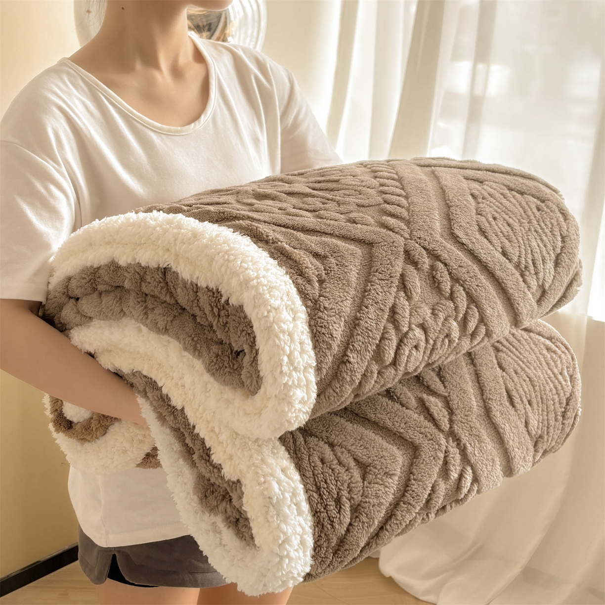 91家纺网 家纺一手货源 找家纺 雯豆家纺 2025秋冬新款塔芙绒毛毯被套两用毯子办公室居家披肩毯盖毯毯子-英伦 英伦-阳光驼