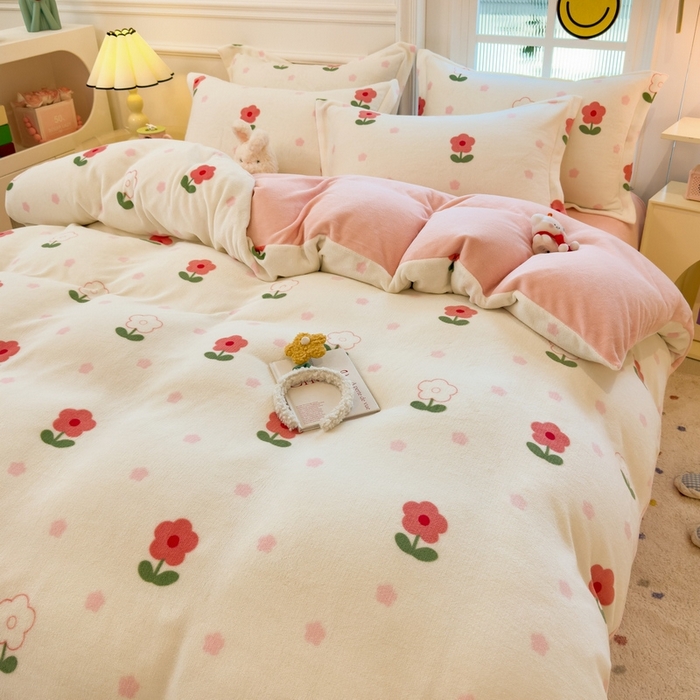 丝羽坊 2025新款200克加厚小清新牛奶绒床单款 床笠款四件套 被套 粉色爱恋