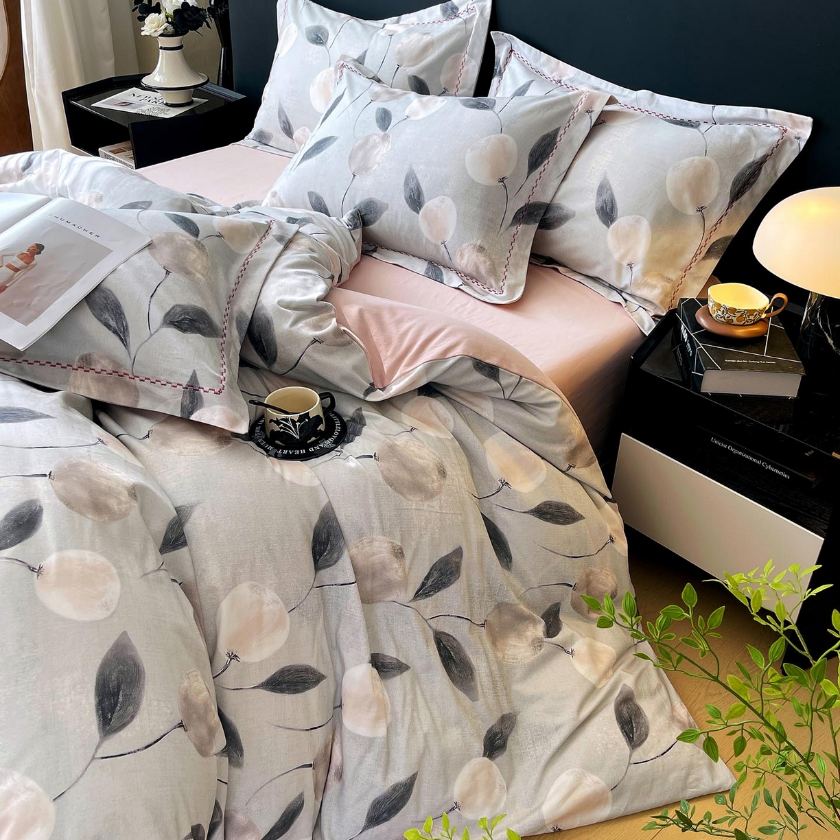 91家纺网 家纺一手货源 找家纺 麦田家纺 2025新款疆大白全棉纯棉加厚生态磨毛四件套 落英-灰