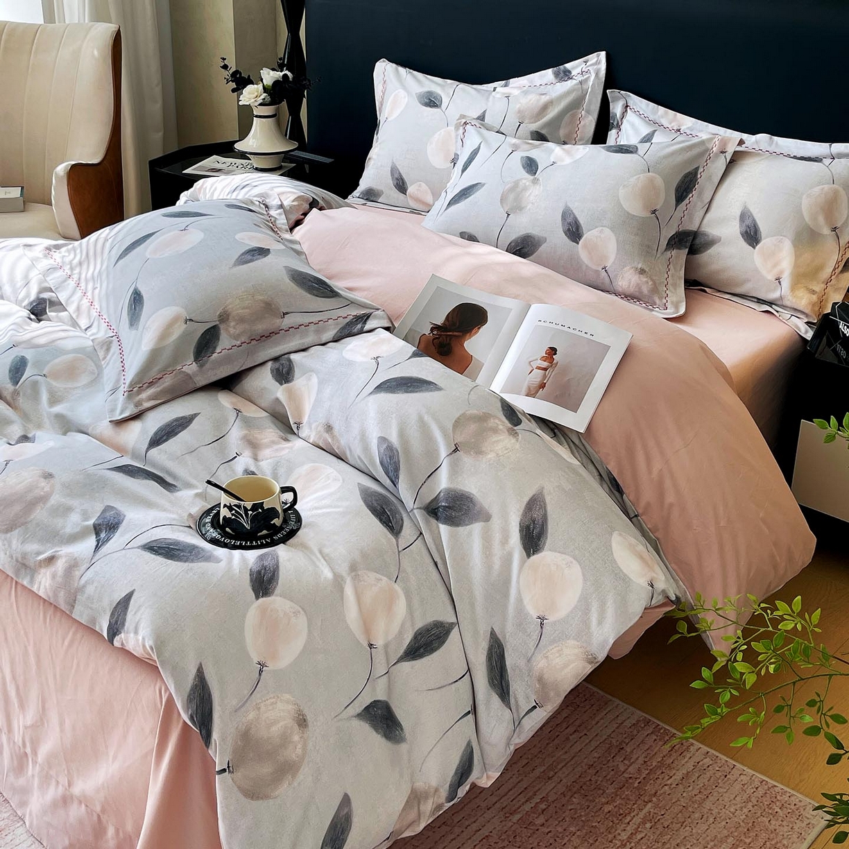 91家纺网 家纺一手货源 找家纺 麦田家纺 2025新款疆大白全棉纯棉加厚生态磨毛四件套 落英-灰