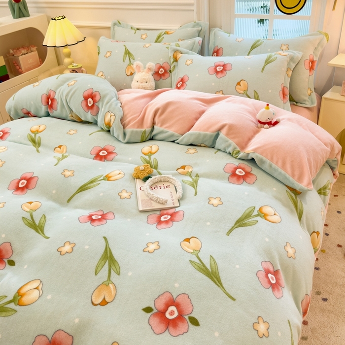 丝羽坊 2025新款200克加厚小清新牛奶绒床单款 床笠款四件套 被套 花季