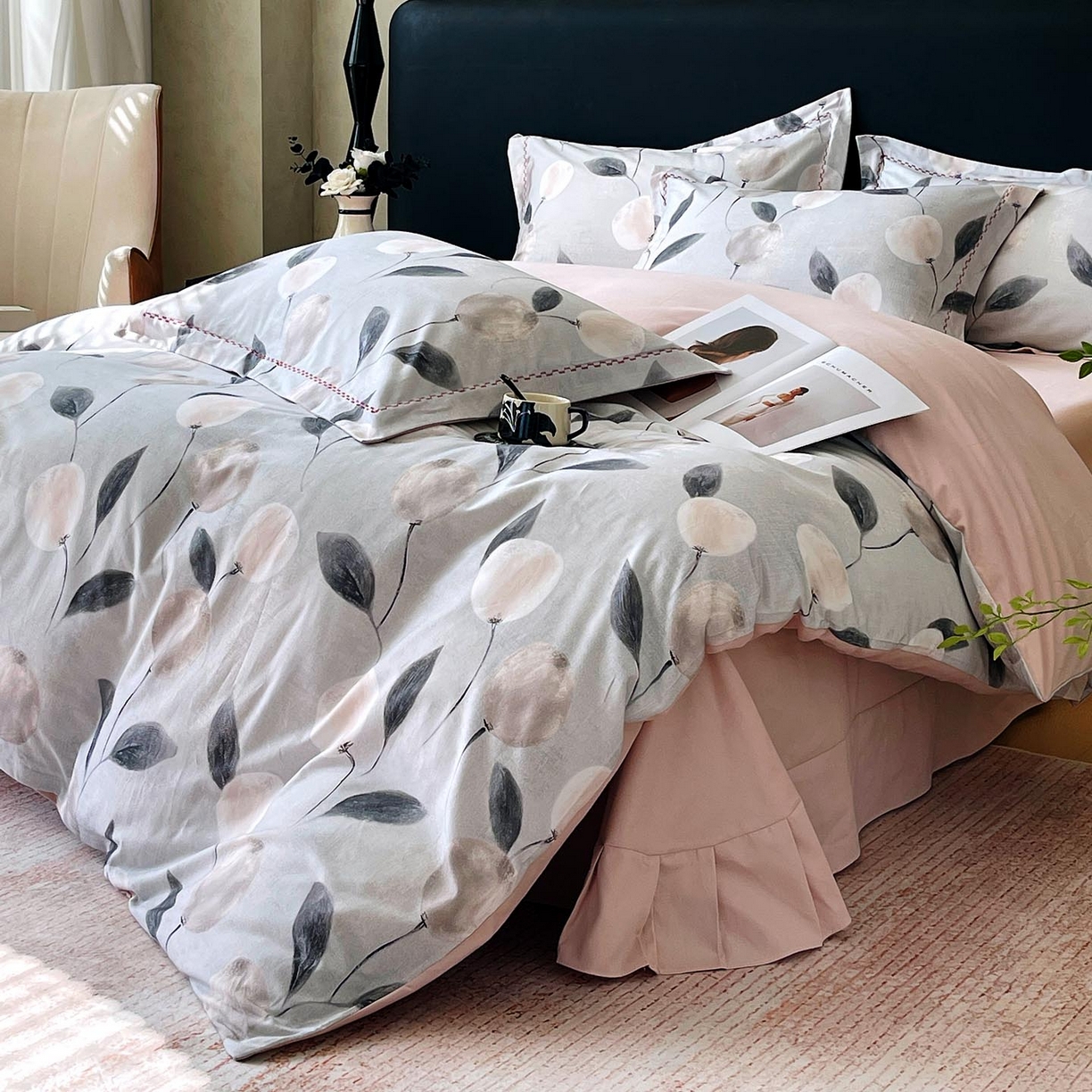 91家纺网 家纺一手货源 找家纺 麦田家纺 2025新款疆大白全棉纯棉加厚生态磨毛四件套 落英-灰