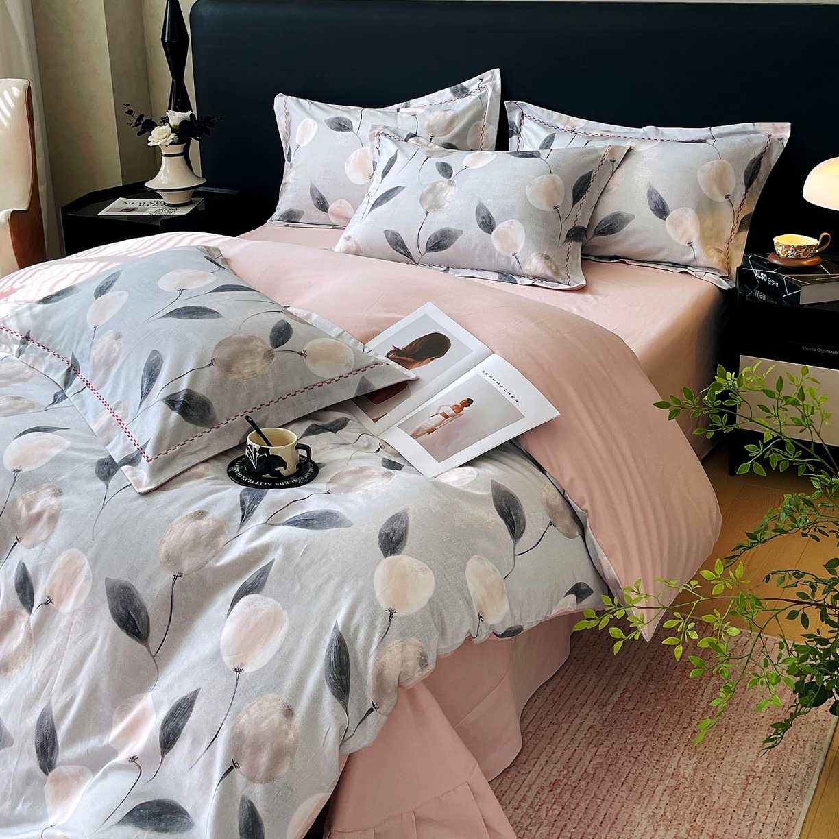 91家纺网 家纺一手货源 找家纺 麦田家纺 2025新款疆大白全棉纯棉加厚生态磨毛四件套 落英-灰