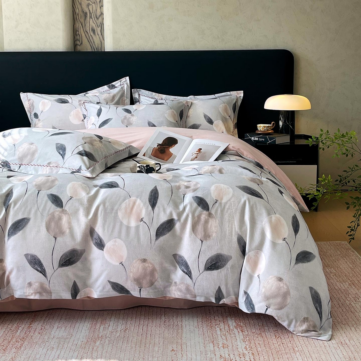 91家纺网 家纺一手货源 找家纺 麦田家纺 2025新款疆大白全棉纯棉加厚生态磨毛四件套 落英-灰