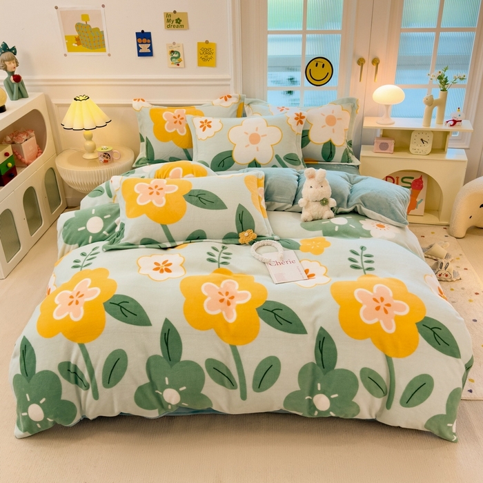 91家纺网 家纺一手货源 找家纺 丝羽坊 2025新款200克加厚小清新牛奶绒床单款 床笠款四件套 被套 花梦