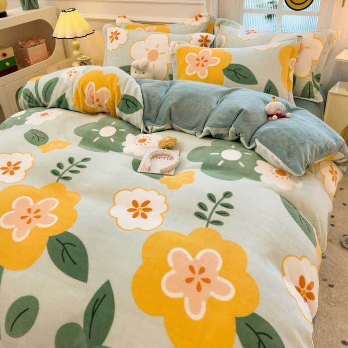 丝羽坊 2025新款200克加厚小清新牛奶绒床单款 床笠款四件套 被套 花梦