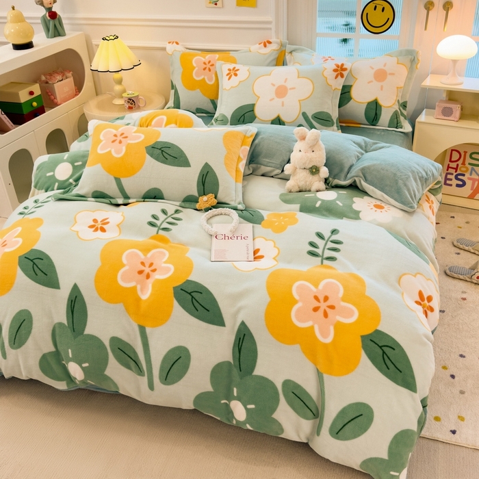 91家纺网 家纺一手货源 找家纺 丝羽坊 2025新款200克加厚小清新牛奶绒床单款 床笠款四件套 被套 花梦