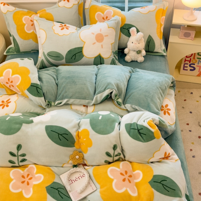 91家纺网 家纺一手货源 找家纺 丝羽坊 2025新款200克加厚小清新牛奶绒床单款 床笠款四件套 被套 花梦