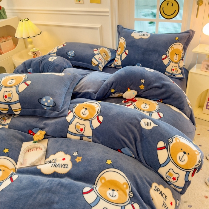 91家纺网 家纺一手货源 找家纺 丝羽坊 2025新款200克加厚小清新牛奶绒床单款 床笠款四件套 被套 漫游太空