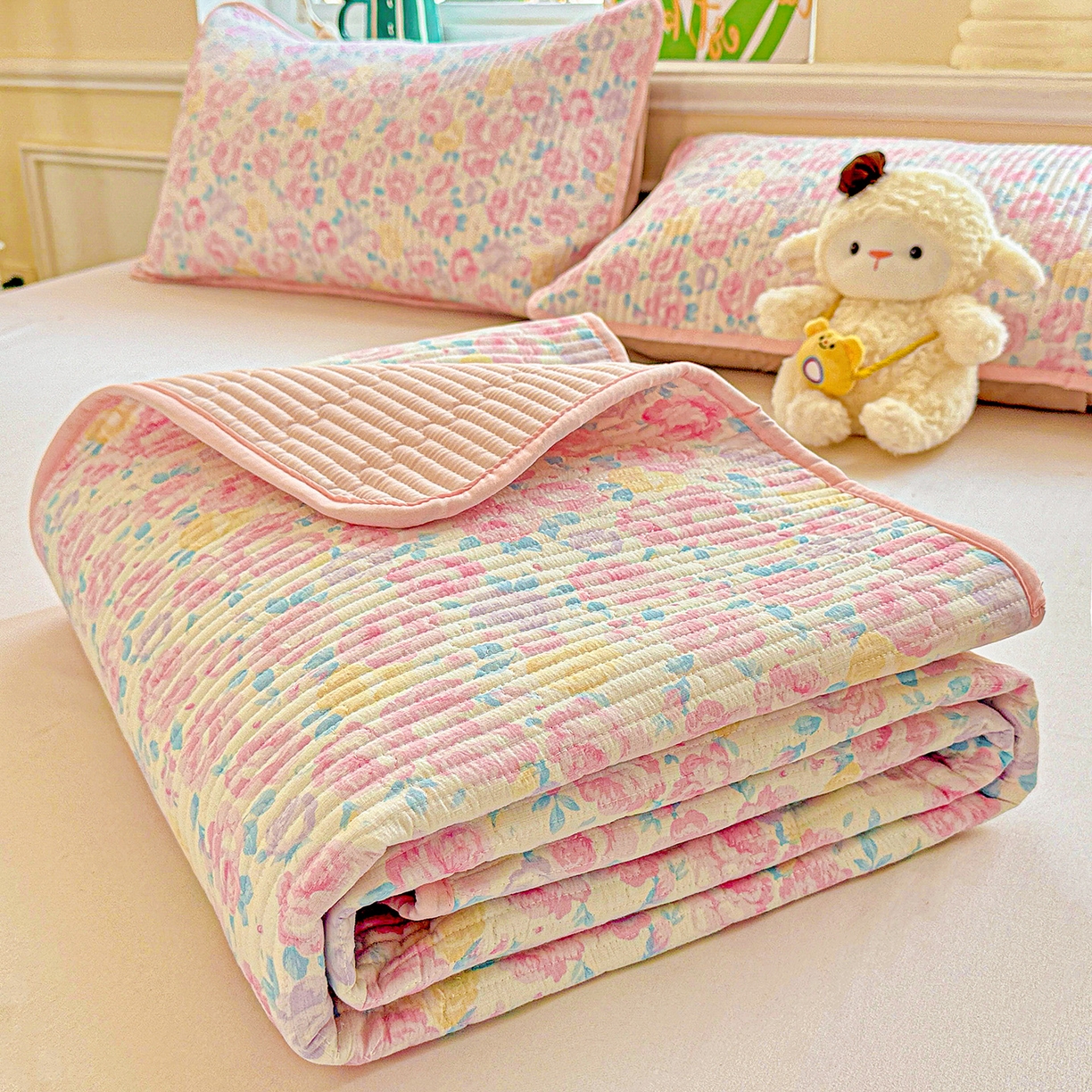 91家纺网 家纺一手货源 找家纺 （总）恒尚居 2025新款双层纱床盖床盖单品单床盖云感夹棉床单床垫软床垫-四季款【系列一】