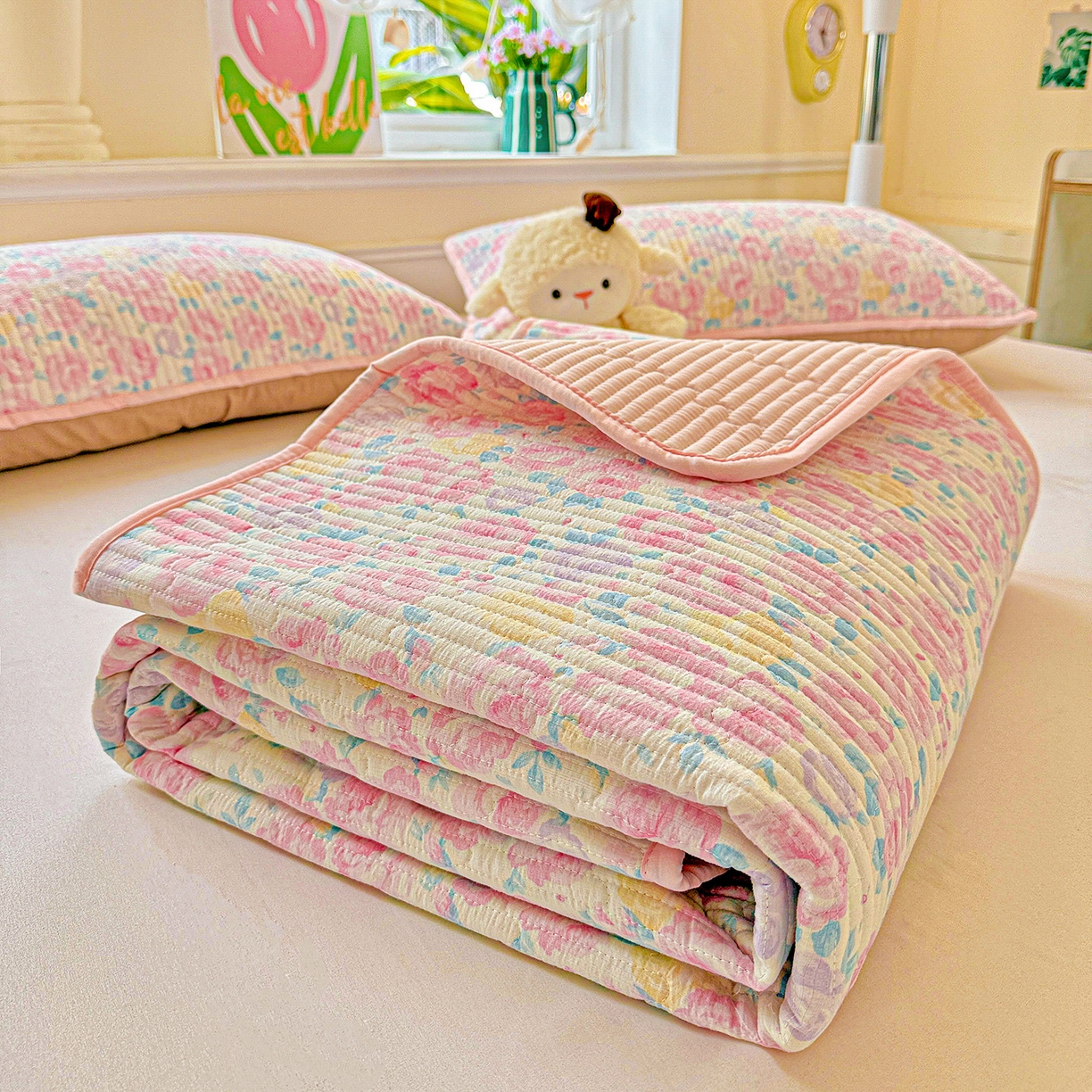 91家纺网 家纺一手货源 找家纺 （总）恒尚居 2025新款双层纱床盖床盖单品单床盖云感夹棉床单床垫软床垫-四季款【系列一】