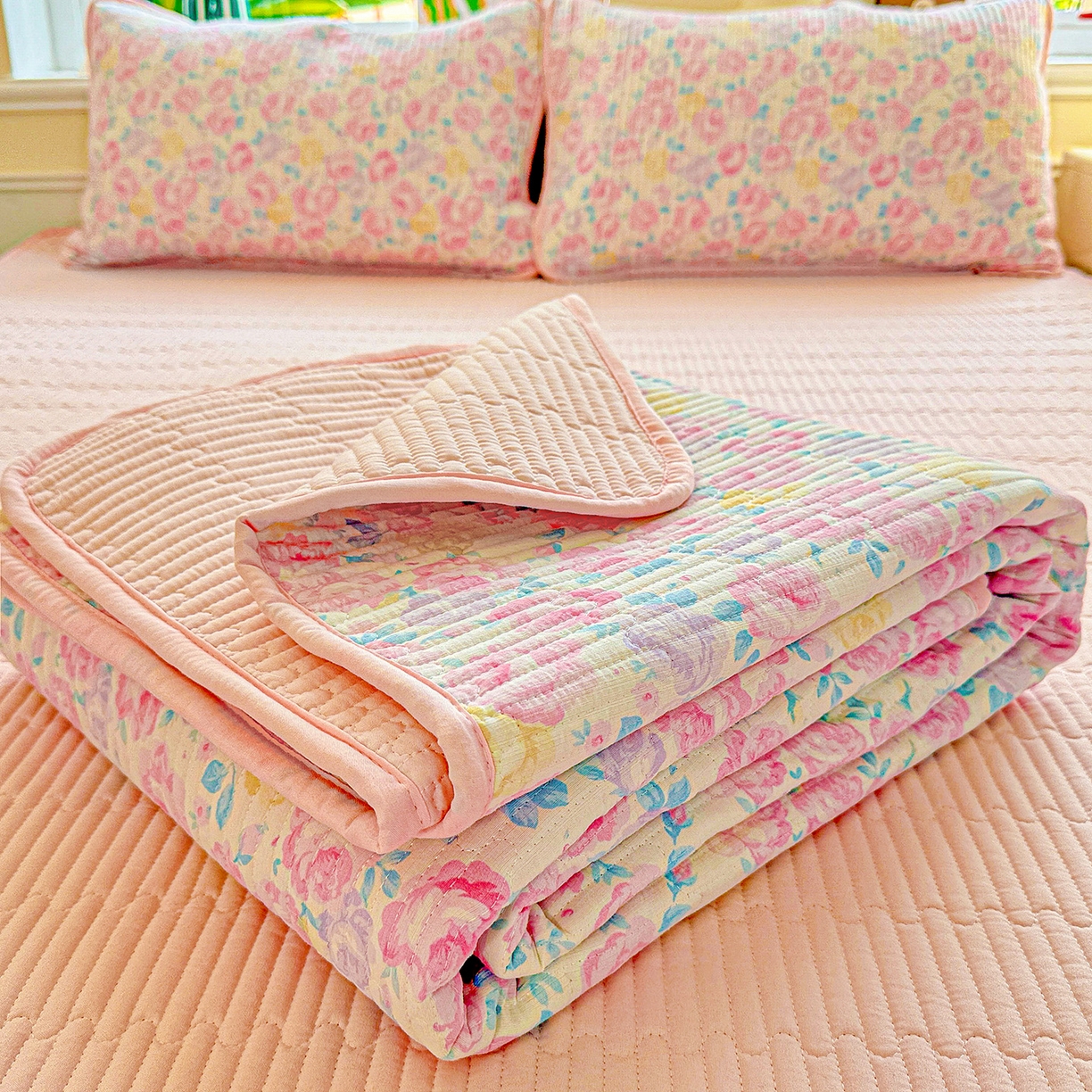 91家纺网 家纺一手货源 找家纺 （总）恒尚居 2025新款双层纱床盖床盖单品单床盖云感夹棉床单床垫软床垫-四季款【系列一】