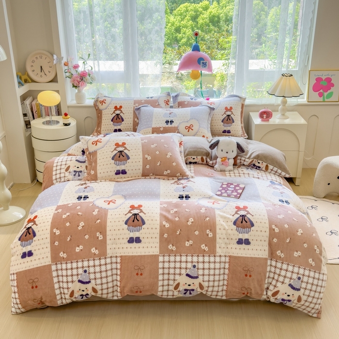 91家纺网 家纺一手货源 找家纺 丝羽坊 2025新款200克加厚小清新牛奶绒床单款 床笠款四件套 被套 俏皮公主