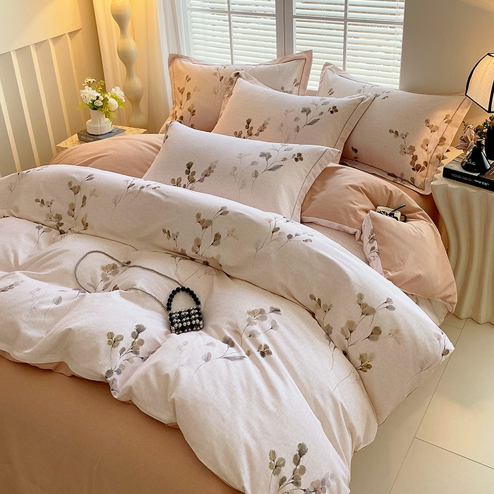 91家纺网 家纺一手货源 找家纺 威布斯家居 2025新款新疆棉全棉纯棉生态加厚磨毛四件套 橘栀-粉