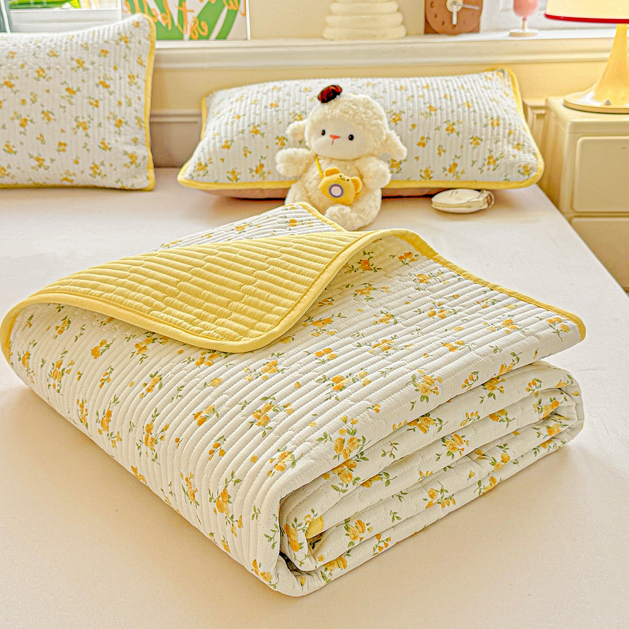 91家纺网 家纺一手货源 找家纺 恒尚居 2025新款双层纱床盖床盖单品单床盖云感夹棉床单床垫软床垫-四季款【系列一】 【春日繁花】双层纱