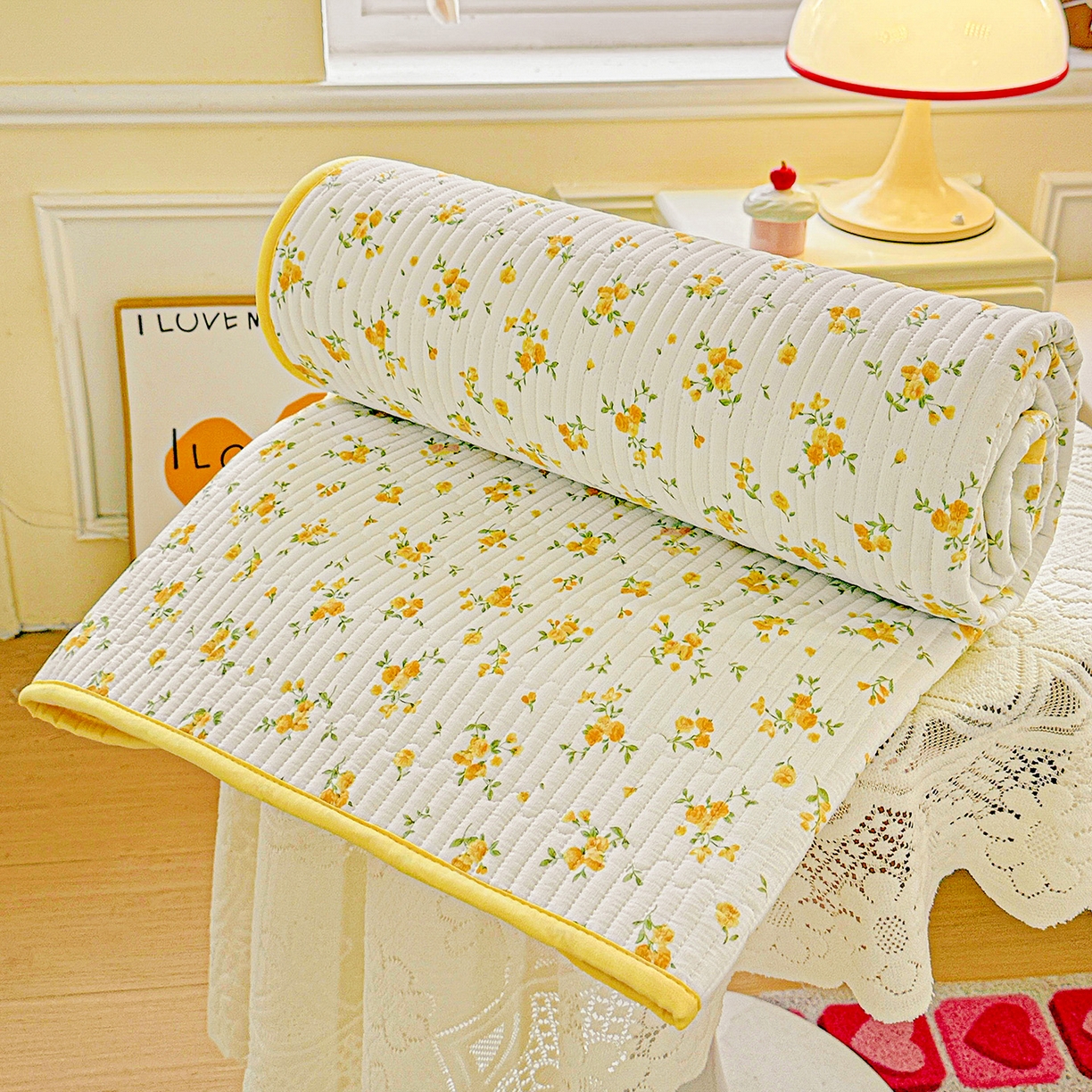 91家纺网 家纺一手货源 找家纺 恒尚居 2025新款双层纱床盖床盖单品单床盖云感夹棉床单床垫软床垫-四季款【系列一】 【春日繁花】双层纱