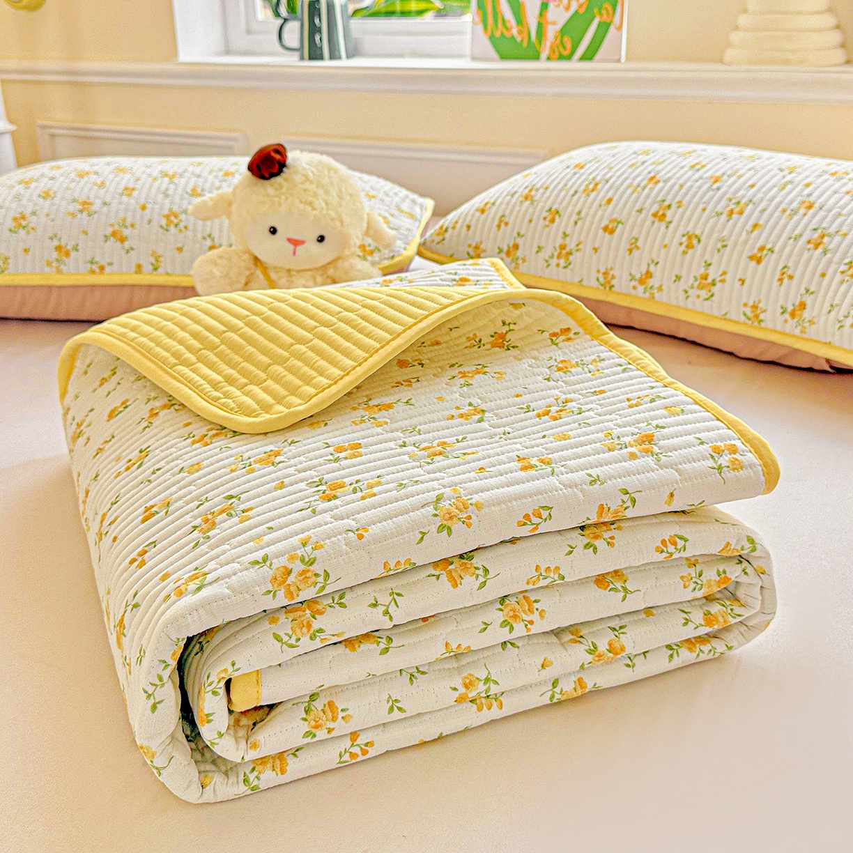 91家纺网 家纺一手货源 找家纺 恒尚居 2025新款双层纱床盖床盖单品单床盖云感夹棉床单床垫软床垫-四季款【系列一】 【春日繁花】双层纱