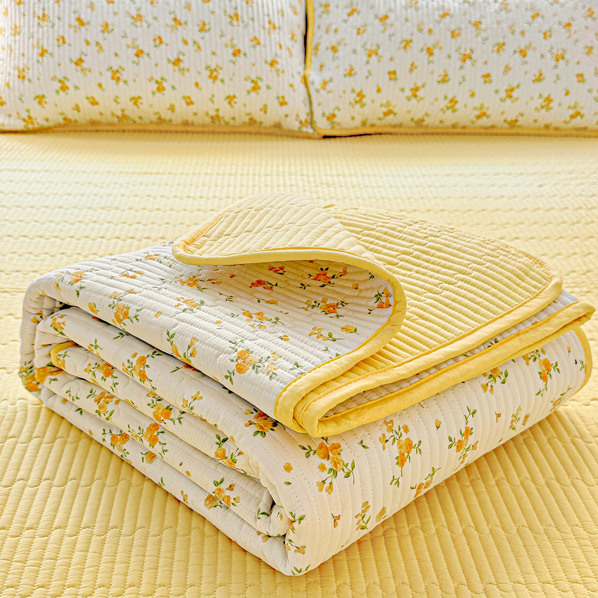 91家纺网 家纺一手货源 找家纺 恒尚居 2025新款双层纱床盖床盖单品单床盖云感夹棉床单床垫软床垫-四季款【系列一】 【春日繁花】双层纱