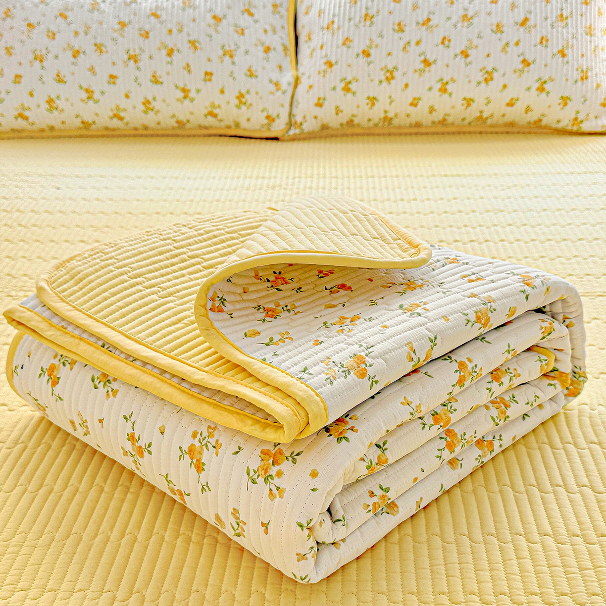 91家纺网 家纺一手货源 找家纺 恒尚居 2025新款双层纱床盖床盖单品单床盖云感夹棉床单床垫软床垫-四季款【系列一】 【春日繁花】双层纱