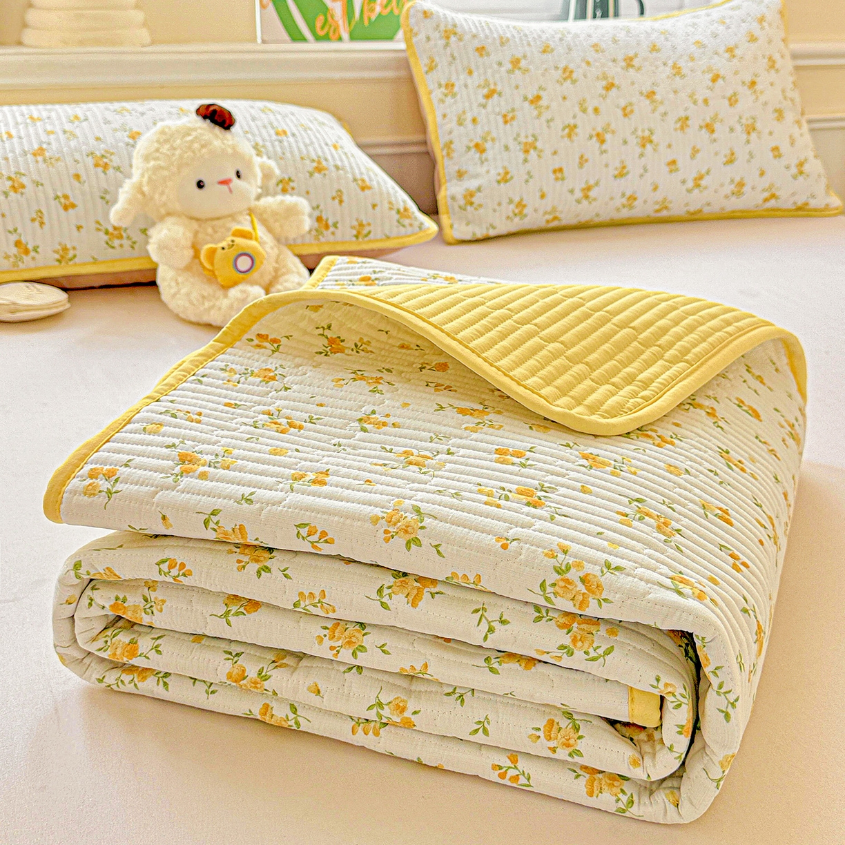 91家纺网 家纺一手货源 找家纺 恒尚居 2025新款双层纱床盖床盖单品单床盖云感夹棉床单床垫软床垫-四季款【系列一】 【春日繁花】双层纱